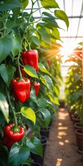 Wall Mural - Red bell peppers growing inside a greenhouse