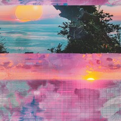 Canvas Print - Abstract Sunset Over Sea With Glitch Effect.