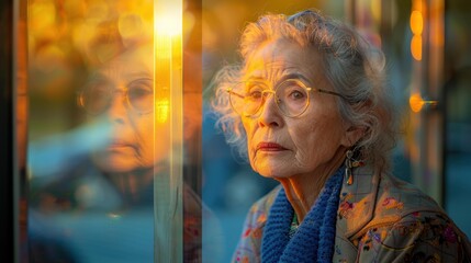 Poster - A woman looks out a window, bathed in warm light. AI.