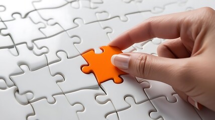 A close-up shot of a single orange puzzle piece being placed into a white puzzle, symbolizing teamwork and problem-solving. Real photo, stock photography.