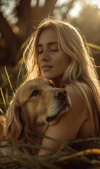 Wall Mural - A woman and her dog cuddle in the grass. AI.