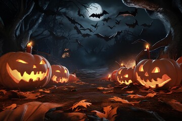 Halloween background with scary pumpkins candles and bats in october dark forest at night horror house orange forest autumn moonlight holiday celebration haunted ghostly dark wallpaper tree moon fear