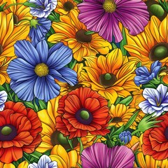 Canvas Print - Colorful Flowers Seamless Pattern.