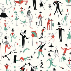 Canvas Print - Fun, Quirky, and Colorful Stick Figure Pattern with Red, Green, and Black.