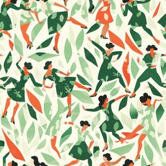 Poster - Abstract Green and Orange Women Dancing Seamless Pattern.