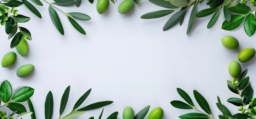 Olive branch frame with green olives and leaves on white background. Perfect for your design projects or social media posts.