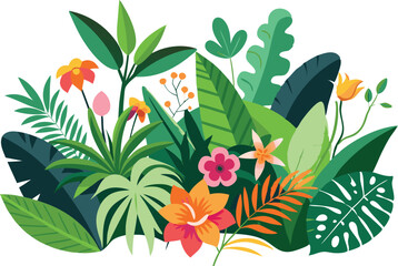 Wall Mural - A lush arrangement of tropical plants and flowers displaying vivid colors and diverse shapes.