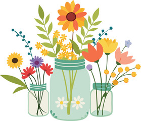 Wall Mural - Vibrant flowers arranged in glass jars, showcasing a lively and cheerful display of nature.