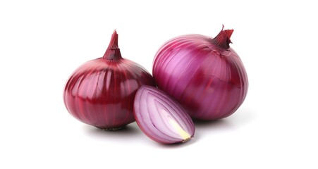 Two whole red onions and one sliced red onion isolated on a white background.