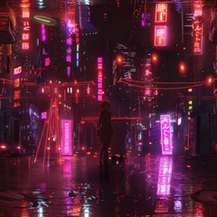 Wall Mural - woman walking in neon lit city.