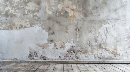 Background of bare plaster wall with grey wallpaper