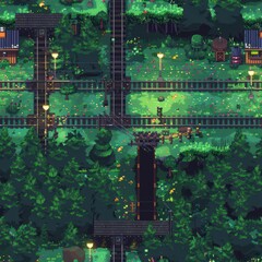 Poster - Pixelated Train Tracks in a Lush Forest.