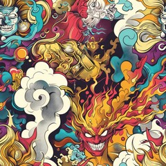 Canvas Print - Abstract Colorful Swirls with Flame and Skull.