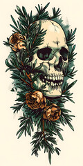 Tribal Skull and Rosemary Tattoo traditional tattoo illustration