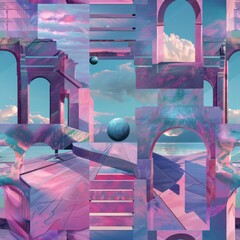 Wall Mural - abstract pink and blue architectural structure with floating sphere.