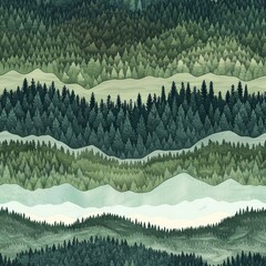 Sticker - Abstract forest landscape with layered hills and trees.