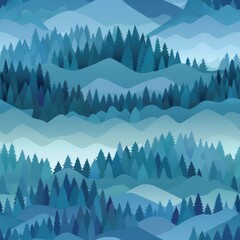 Canvas Print - Seamless pattern of forest and mountains in blue tones.