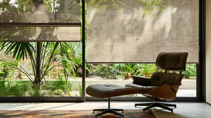 Wall Mural - Large roller blinds with fabric texture and automatic solar shades. Chair on a carpet next to window with garden view.