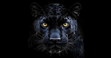 Front view of Panther on black background. Wild animals banner with copy space. Predator series. 