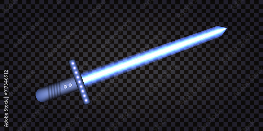 Laser light sword, neon blue light glowing blade. Futuristic hi tech weapon for game asset  Isolated element on transparent background. Vector illustration
