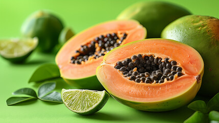 Wall Mural - Fresh papaya fruits sliced open revealing juicy flesh and seeds with lime. Concept of tropical nutrition and exotic flavors.