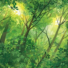 Wall Mural - Sunlight filtering through lush green leaves in a forest.