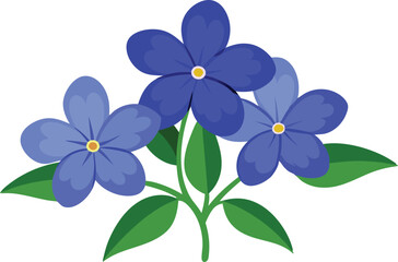 Wall Mural - A cluster of three blue flowers with green leaves.