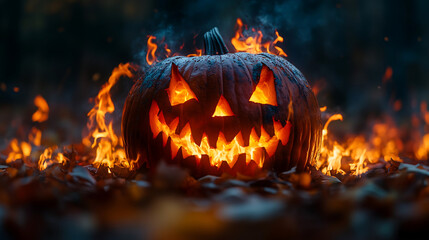 Poster -  close-up of a burning Halloween pumpkin