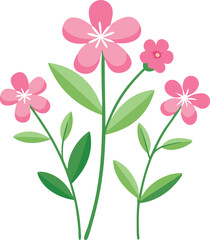 Wall Mural - Three vibrant pink flowers with green leaves flourish in a cheerful garden environment.