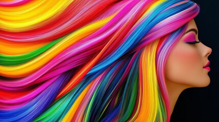 Poster - A woman with rainbow colored hair is shown with a pink lip. The image is a colorful and vibrant representation of a woman with long, colorful hair. The colors of the hair are bright and bold