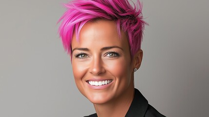 Wall Mural - A woman with pink hair is smiling and looking at the camera. She has a tattoo on her arm