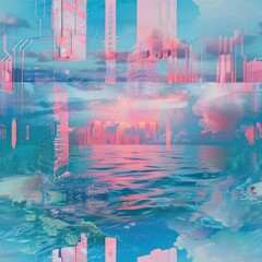 Wall Mural - surreal cityscape with water reflection.
