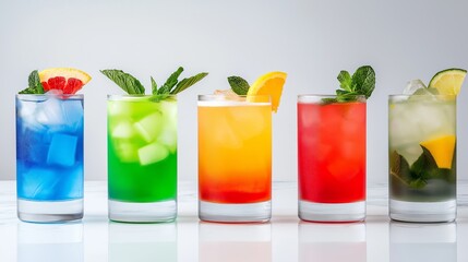 Wall Mural - A row of colorful drinks in glasses, including blue, green, red, yellow, and orange