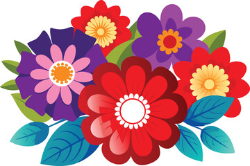 Wall Mural - Bright flowers in various colors and shapes surrounded by green leaves.