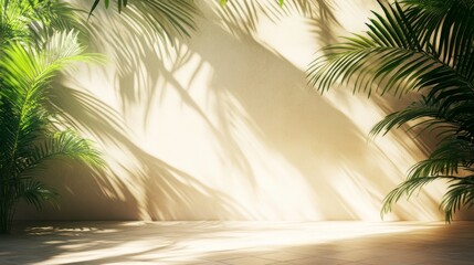 Wall Mural - Sunlight casting shadows of tropical palm leaves