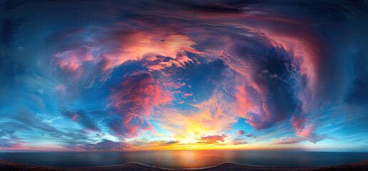 Abstract painting of a vibrant sunrise with clouds in a surreal style.