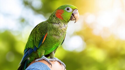 A vibrant green parrot perched on a person's shoulder, basking in warm sunlight amidst a lush natural backdrop.