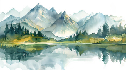 watercolor beautiful green spring lake and mountains landscape illustration on white background