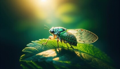 Wall Mural - Green cicada on a leaf with sunlight shining through its wings.