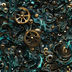Canvas Print - Abstract steampunk pattern with teal and gold gears.