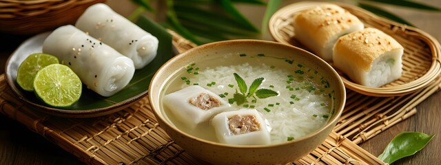 A bowl of fish soup with white meat, spring rolls and rice on the side in Vietnam. The table is made from bamboo. A plate containing red chili peppers sits next to it