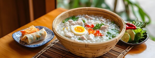 Wall Mural - A bowl of fish soup with white meat, spring rolls and rice on the side in Vietnam. The table is made from bamboo. A plate containing red chili peppers sits next to it