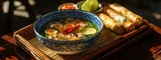 Wall Mural - A bowl of fish soup with white meat, spring rolls and rice on the side in Vietnam. The table is made from bamboo. A plate containing red chili peppers sits next to it