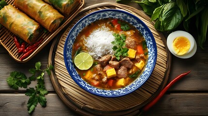 Wall Mural - A bowl of fish soup with white meat, spring rolls and rice on the side in Vietnam. The table is made from bamboo. A plate containing red chili peppers sits next to it