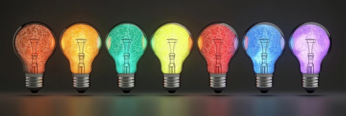 Canvas Print - Colorful Light Bulbs Representing Different Ideas and Creativity - Seven light bulbs in different colors, symbolizing innovation, creativity, inspiration, thinking, and solutions.