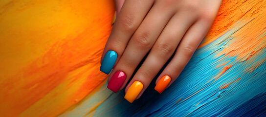 Sticker - Hand with colorful nail art resting on a vibrant orange and blue painted background