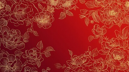 Sticker - Elegant Golden Floral Design on Red Background - A delicate and intricate floral design featuring golden flowers and leaves against a vibrant red background, symbolizing love, prosperity, and celebrat