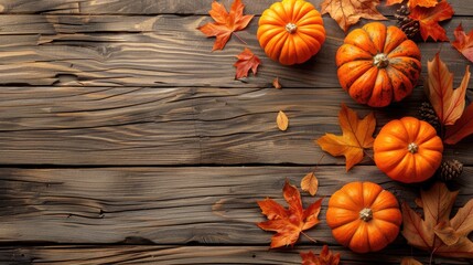 Wall Mural - Harvest season advertising: autumn pumpkins and leaves on wooden table