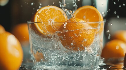 Wall Mural - Fresh Oranges Splashing in Water - A close-up shot of oranges splashing into a glass of water. The image symbolizes freshness, vitality, hydration, and summery vibes.