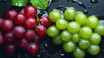 Sticker - Fresh Red and Green Grapes with Water Droplets - A close-up image of two bunches of grapes, one red and one green, with water droplets on their surface, symbolizing freshness, health, and deliciousnes